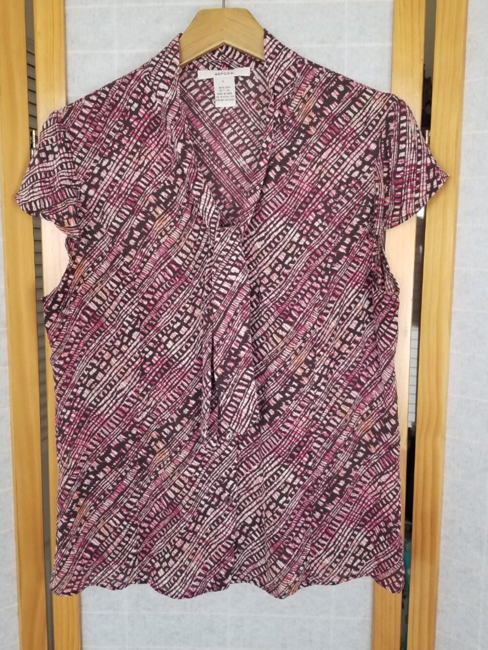 Merona 100% Silk Blouse Flutter Sleeve Brown Raspberry Print Size Large